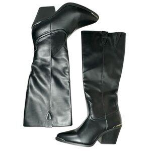 XOXO Ella Black Cowboy Style Pointed Toe Stacked Heel Faux Leather Boots Size 7